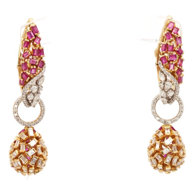 Late 20th Century Convertible 18k Yellow Gold Ruby and Diamond Drop Earrings- 2 Pieces For Sale