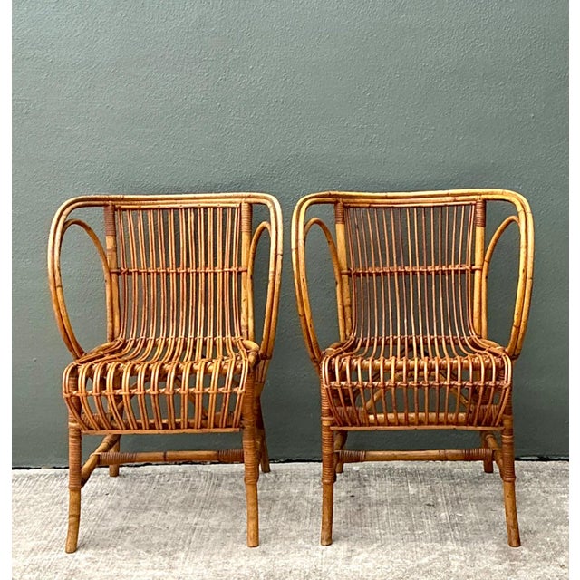 Mid-Century Modern Vintage 1940s Danish Tove Kindt Larsen for Robert Wengler Stick Rattan Lounge Chairs - A Pair For Sale - Image 3 of 12