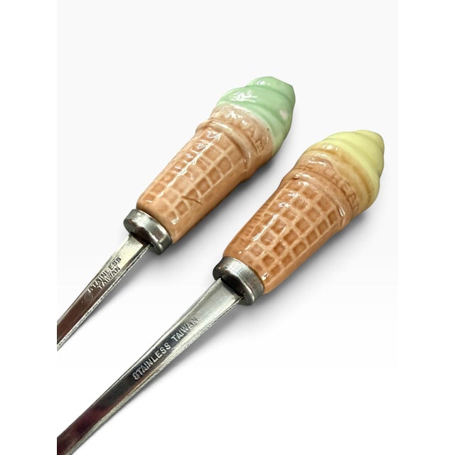 Vintage Ceramic Ice Cream Cone Dessert Cups & Spoons, Pastel Set of 3 For Sale In Portland, ME - Image 6 of 6