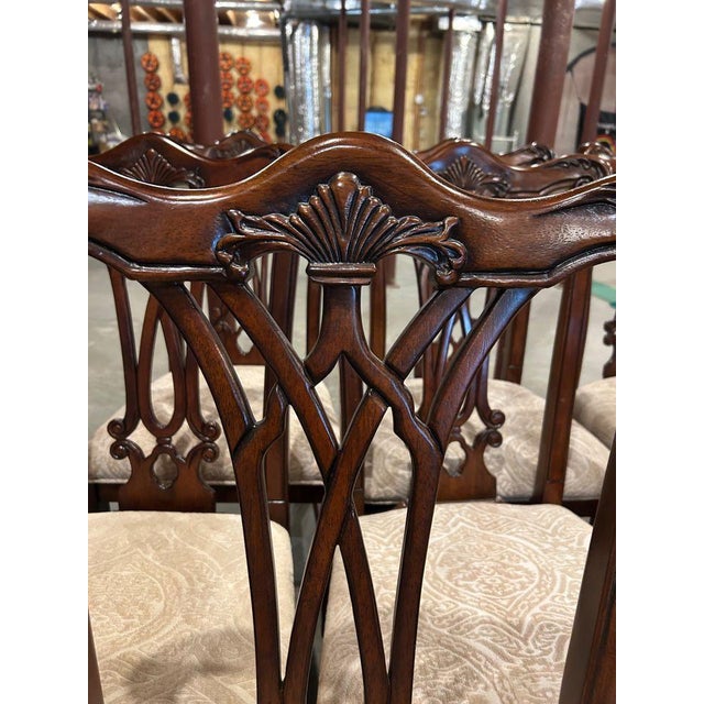 Lovely Chippendale style dining chairs upholstered in a sand velvet damask fabric. 2 armchairs and 6 side chairs feature...