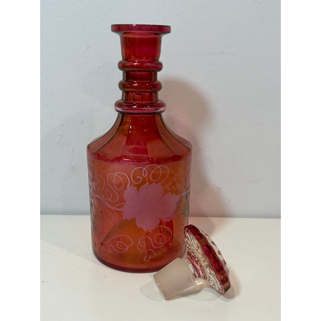1950s French Cranberry Red Cut to Clear Glass Decanter Bottle With Stopper With Grape Detailing For Sale - Image 9 of 9