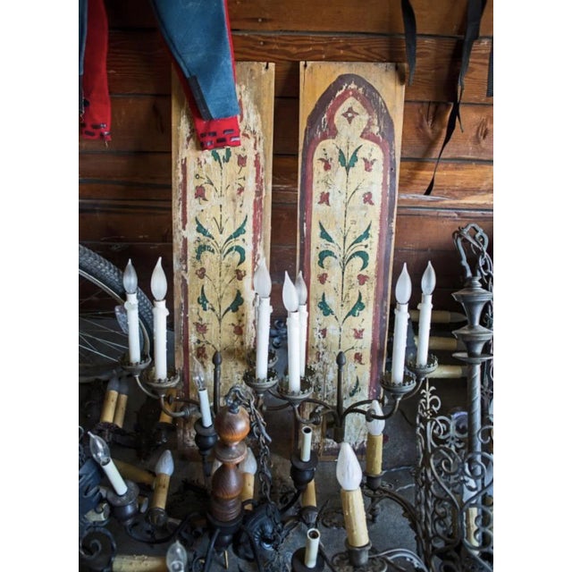 Pair of antique European painted panels made into a pair of wall sconces . Original painted Finnish with metal leaf ,...