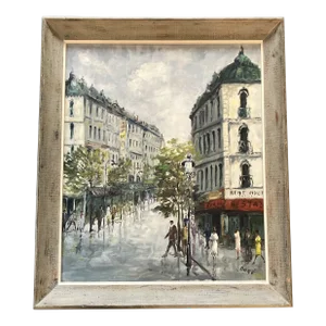 1950’s Original Paris Street Scene Painting by Dore Original Modernist Frame