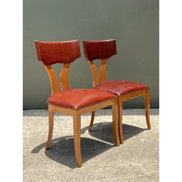 Vintage Wood and Woven Leather Klismos Dining Chairs - Pair For Sale - Image 4 of 14