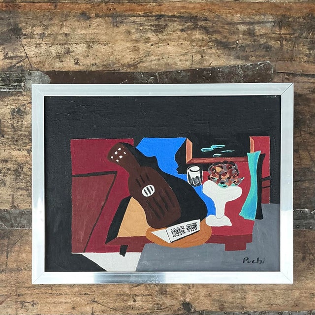 This striking original still life on canvas is a masterclass in Cubist composition, channeling the geometric...