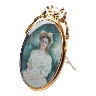 Mid 19th Century French Portrait Miniature of a Women in White Gown Painted on Ivory in a Gilt Frame For Sale