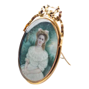 Mid 19th Century French Portrait Miniature of a Women in White Gown Painted on Ivory in a Gilt Frame