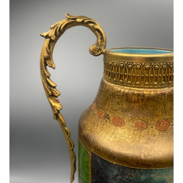 Vintage Neoclassical Green and Gold Figural Pedestal Urn With Ornate Handles For Sale - Image 6 of 6