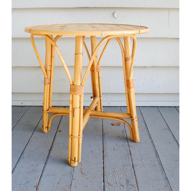 Vintage Rattan Bamboo Round Accent Table Woven Top 1960's For Sale - Image 4 of 4