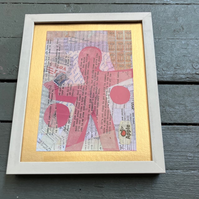 Original approx 6 x 8 collage done with vintage papers laid down on gold mat board Overall size with frame is 9 x 11