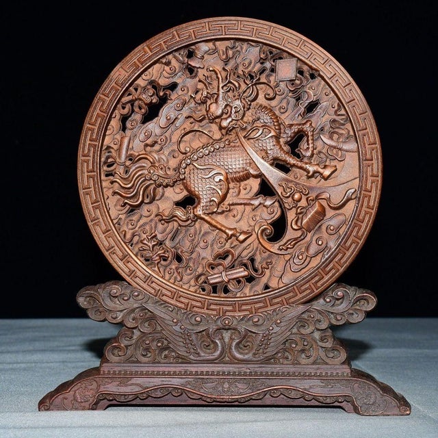 Antique Miniature Round Wooden Screen, Pierced Carving of Mythical Beast For Sale - Image 4 of 8