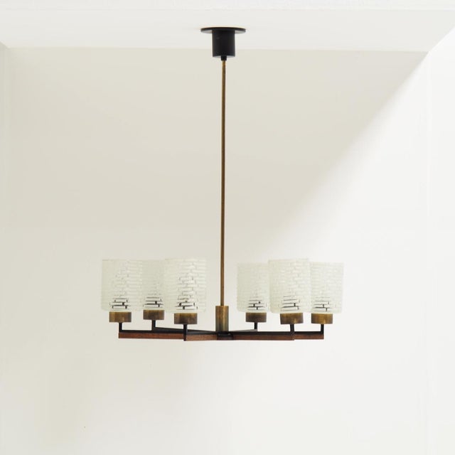 Philips Vintage Six-Light Chandelier in Brass with Teak and Black Metal from Philips, 1960s For Sale - Image 4 of 12