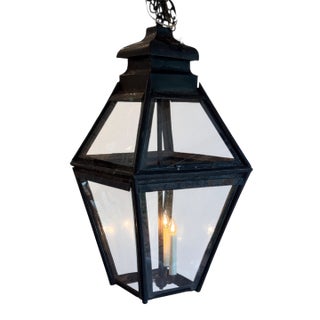 Large Black Tapered Lantern With Clear Glass Panels For Sale