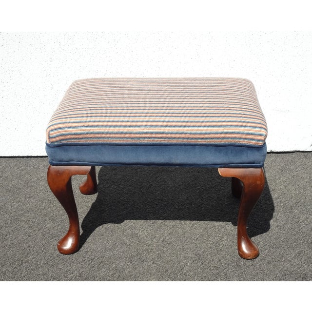 1970s Vintage Queen Anne Blue Stripped Footstool Bench For Sale - Image 5 of 12