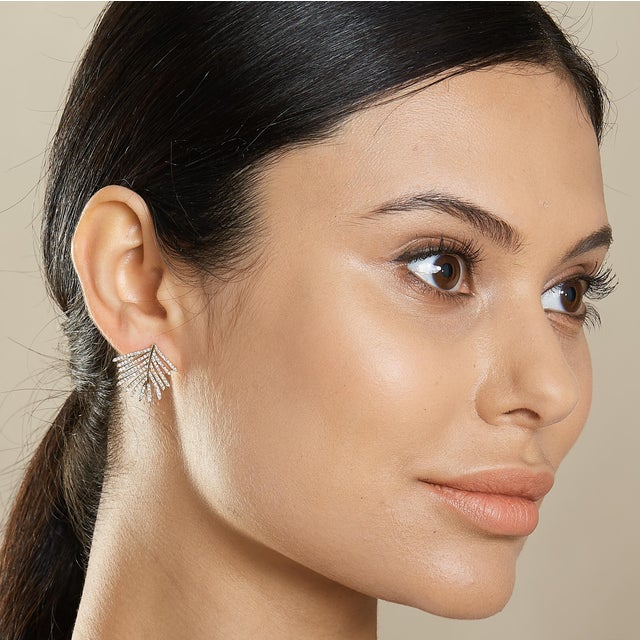 Syna Yellow Gold Palm Leaf Earrings with Diamonds, a Pair For Sale - Image 4 of 5