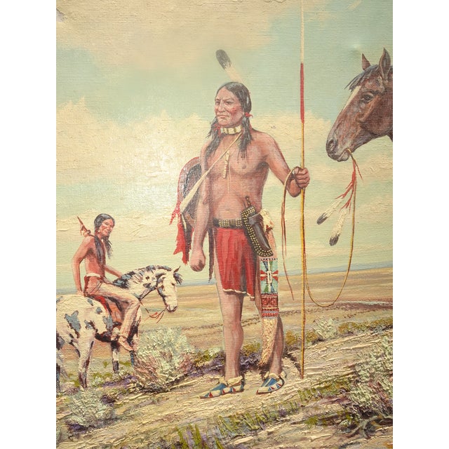 Blue VTG American Indians W Horses Oil Painting Picture Signed W Horse Monogram Fabri For Sale - Image 8 of 15