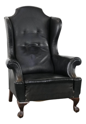 Large Antique English Cowhide Wing Chair, 1800s