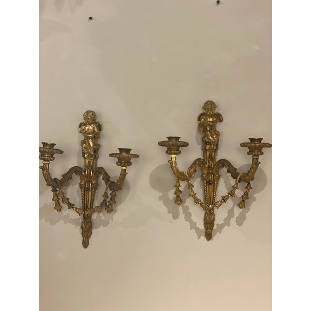 Metal 1900's French Putti Gilt Bronze Sconces - Pair For Sale - Image 7 of 7