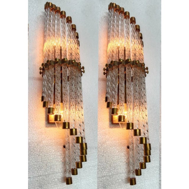 1940s Pair Vintage Art Deco Skyscraper Wall Sconces Fixture in Brass & Ribbed Glass Rod Ship Light For Sale - Image 5 of 7