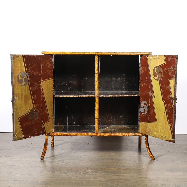 Red Art Deco Bamboo & Cubist Red & Black Geometric Detailed Gilt Chinoiserie Cabinet For Sale - Image 8 of 18
