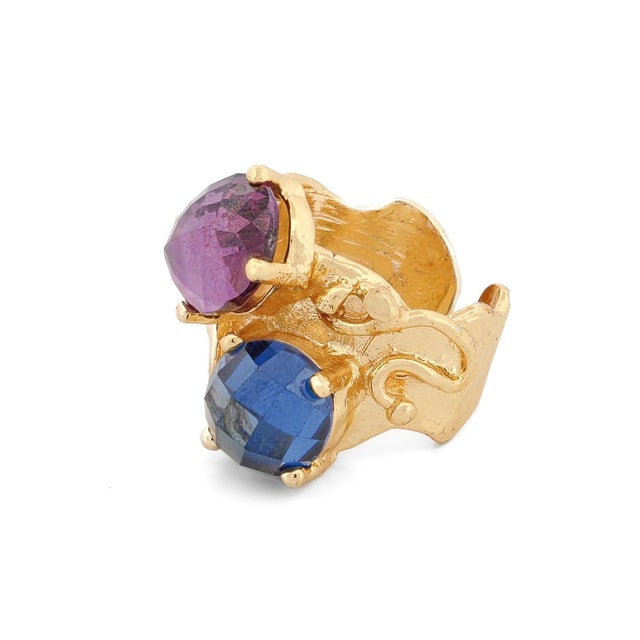 Metal Mystic Duo Amethyst & Sapphire Gold Statement Ring, Size 8 For Sale - Image 7 of 9