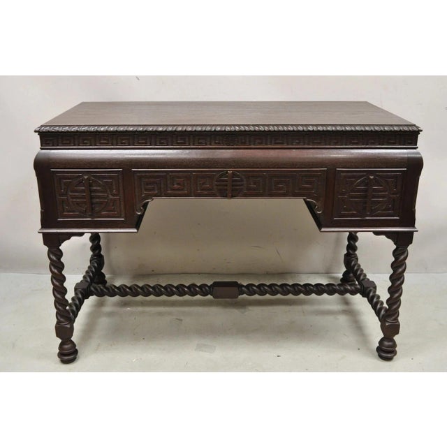 Antique Jacobean William and Mary Greek Key Carved Mahogany 3 Drawer Desk. Item features carved "chinoiserie" details,...