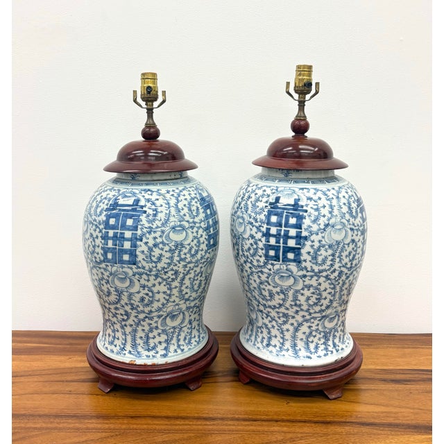 Mid 20th Century Blue & White Ginger Jar Lamps - a Pair For Sale - Image 4 of 6