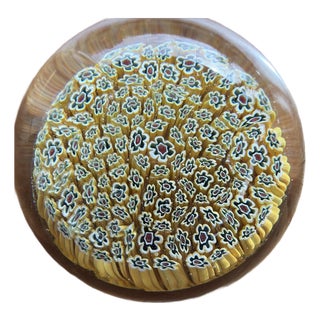 Vintage Murano Yellow Multicolored Millefiori Glass Paperweight 2.5" For Sale