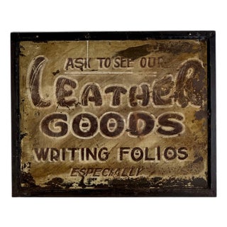 Early 20th Century Metal Trade Sign "Leather Goods Writing Folios..." For Sale