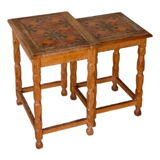 Vintage Danish Oak Nesting Tables With Decorative Tile Inlays For Sale