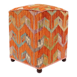 Orange Geometric Handmade Kilim Upholstered Ottoman For Sale