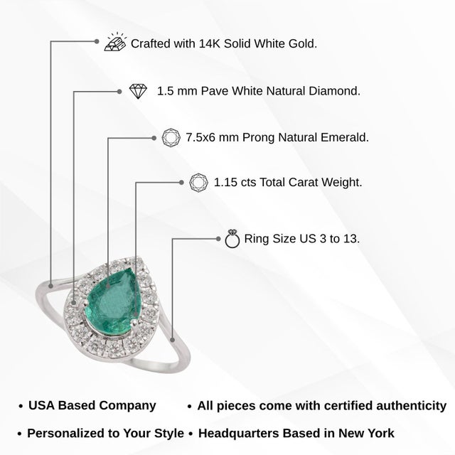 1.15ct Natural Pear-Cut Emerald Diamond Halo 14k Gold Statement Ring Size 9 For Sale - Image 12 of 17