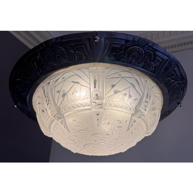 Art Deco A La Nuit Étoilée Ceiling Light in Pressed Molded Glass and Nickel-Plated Bronze by Müller Frères Lunéville, 1930 For Sale - Image 4 of 18