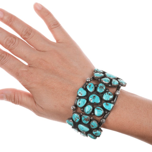 6.75" 40's-50's Navajo silver turquoise cluster cuff bracelet For Sale - Image 11 of 11