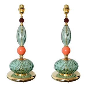 1990s Pair of Green and Salmon, Mid Century Modern, Murano Glass Table Lamps