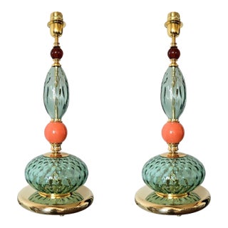 1990s Pair of Green, Mid Century Modern, Murano Glass Table Lamps For Sale