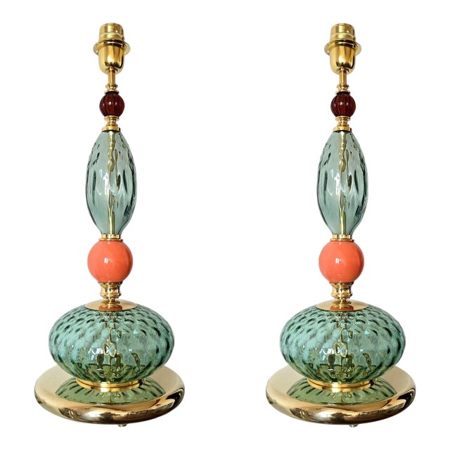 1990s Pair of Green, Mid Century Modern, Murano Glass Table Lamps For Sale