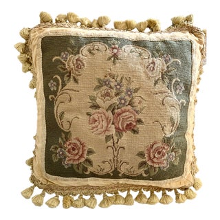 Vintage Needlepoint Roses Embroidered Tapestry Accent Decorative Pillow With Tassels For Sale