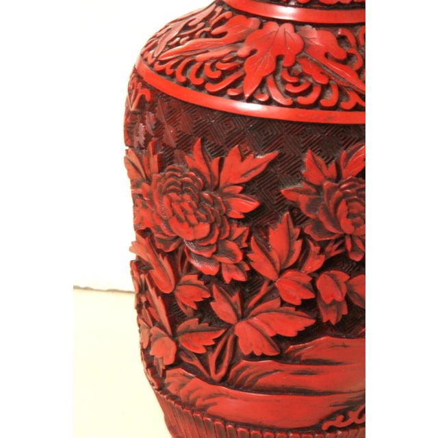1980s Floral Cinnabar-Style MCM Asian Revival Style Molded Baluster Vase For Sale - Image 11 of 18