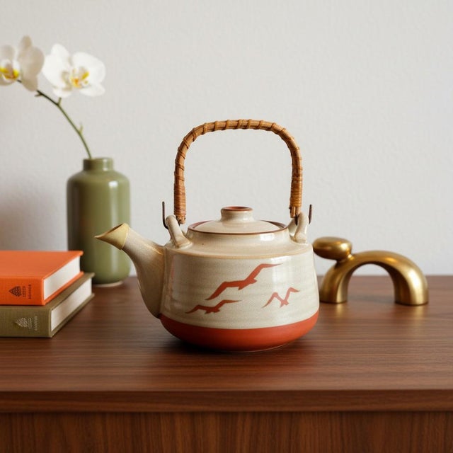 Vintage Mid-Century Modern Otagiri Japan Stoneware Seagull-Rattan Handle-Ceramic-Coastal Teapot For Sale - Image 10 of 11