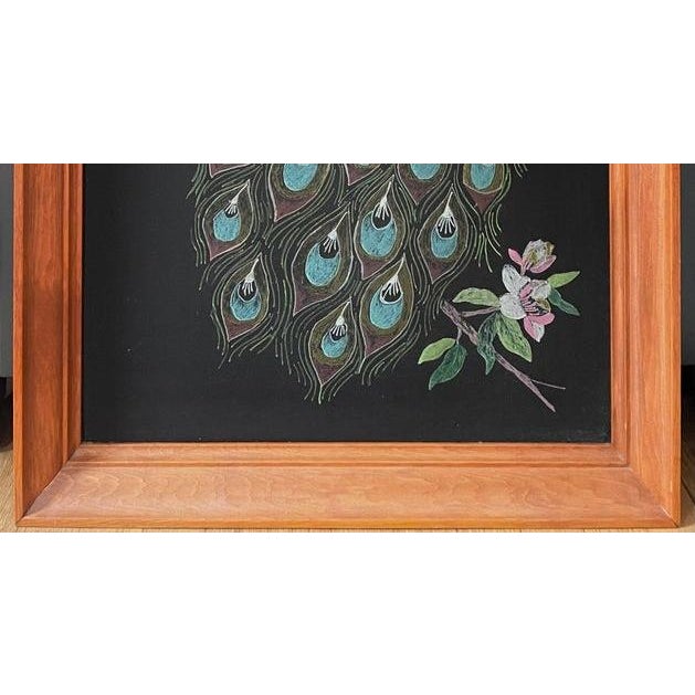Anthropologie 1960s Turquoise Peacock on Flowering Branch Acrylic Painting, Framed For Sale - Image 4 of 6