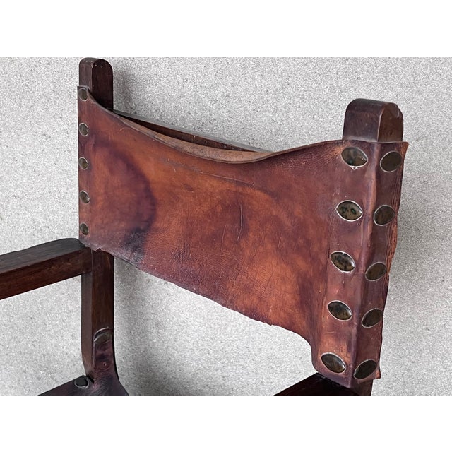 Pair of 19th Century Spanish Colonial Style Carved Armchairs with Leather For Sale - Image 11 of 18