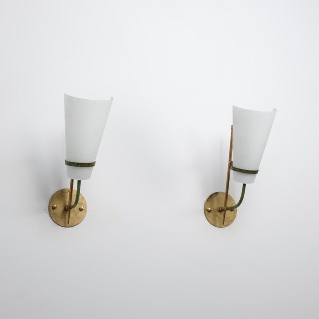 Metal Italian Wall Sconces in Brass, Green Metal and Opaline Glass, 1950s, Set of 2 For Sale - Image 7 of 10