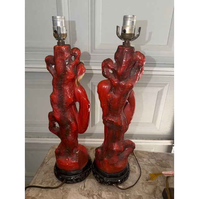 Mid-Century Modern Vintage Faux Cinnabar Chinoiserie Figural Chalkware Table Lamps - Pair For Sale - Image 3 of 6