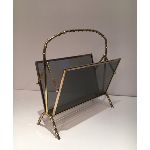 1940s Brass and faux bamboo magazine rack with tinted glass panels on each side. French For Sale - Image 10 of 10