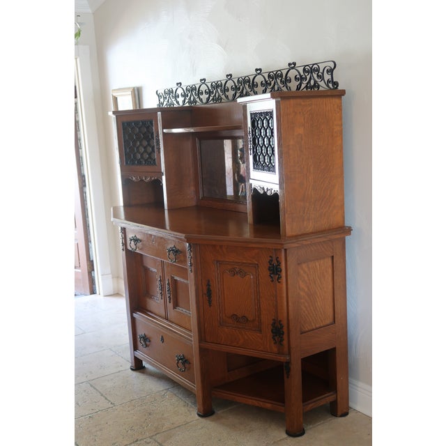 Antique Oak Sideboard Buffet With Leaded Glass Cabinets & Mirror For Sale - Image 10 of 12