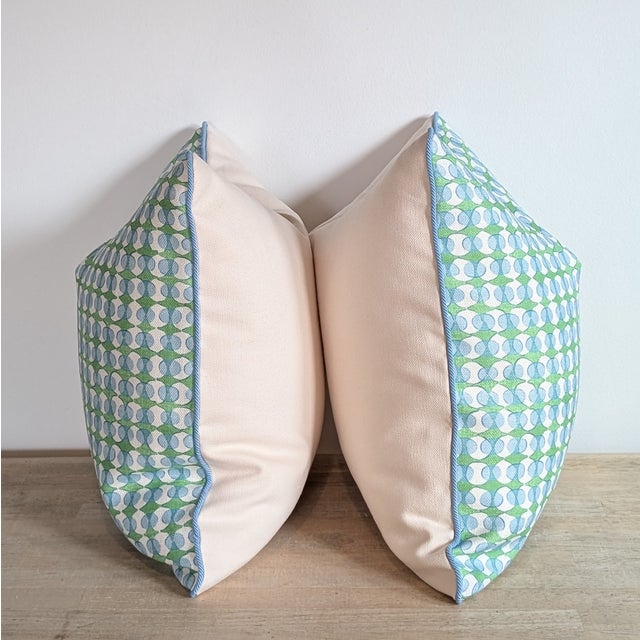 Galbraith & Paul Ovals in sky & lime with coordinating bright blue samuel & sons braided cord, and cream linen backs....