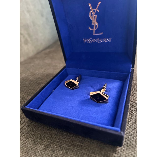 Late 20th Century Rare YVES SAINT LAURENT "YSL" Gold Plate Cufflinks In Original Blue Velvet Case For Sale - Image 5 of 18