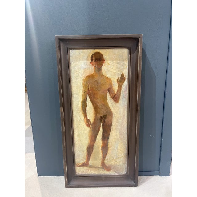 Oil on canvas shows a standing naked man saluting with his left hand. Nice movement for this character with blurred edges.