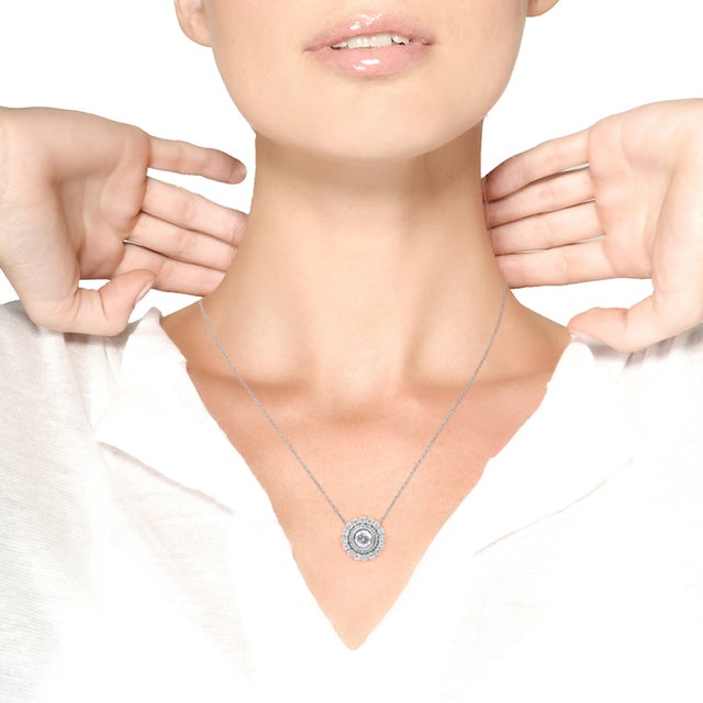 Early 21st Century .925 Sterling Silver 1/2 Cttw Round Diamond Halo Circle Pendant 18" Necklace For Sale - Image 5 of 6